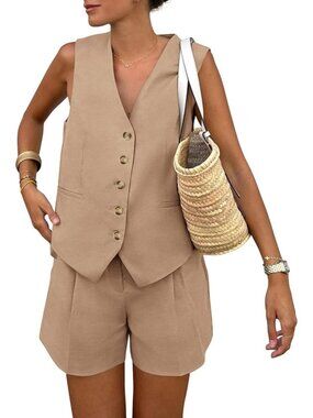 Women's Khaki Summer 2 Piece Sleeveless Matching Sets Button Down V Neck